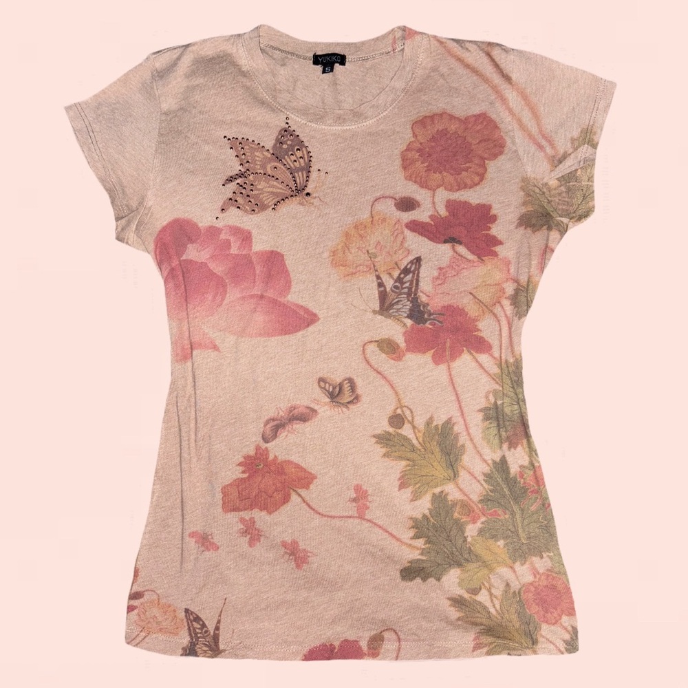 YUKIKO LEAF & FLORAL BUTTERFLY STUDDED EMBELLISHED CAP SLEEVE T SHIRT TOP